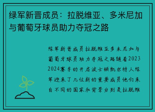 绿军新晋成员：拉脱维亚、多米尼加与葡萄牙球员助力夺冠之路