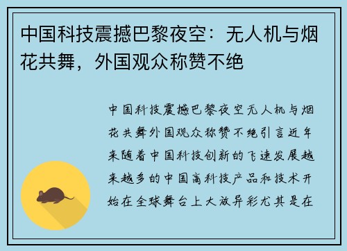 中国科技震撼巴黎夜空：无人机与烟花共舞，外国观众称赞不绝